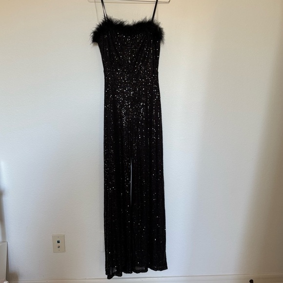 privy Pants - Privy Black Sequin Jumpsuit with Feather Trim Size Small